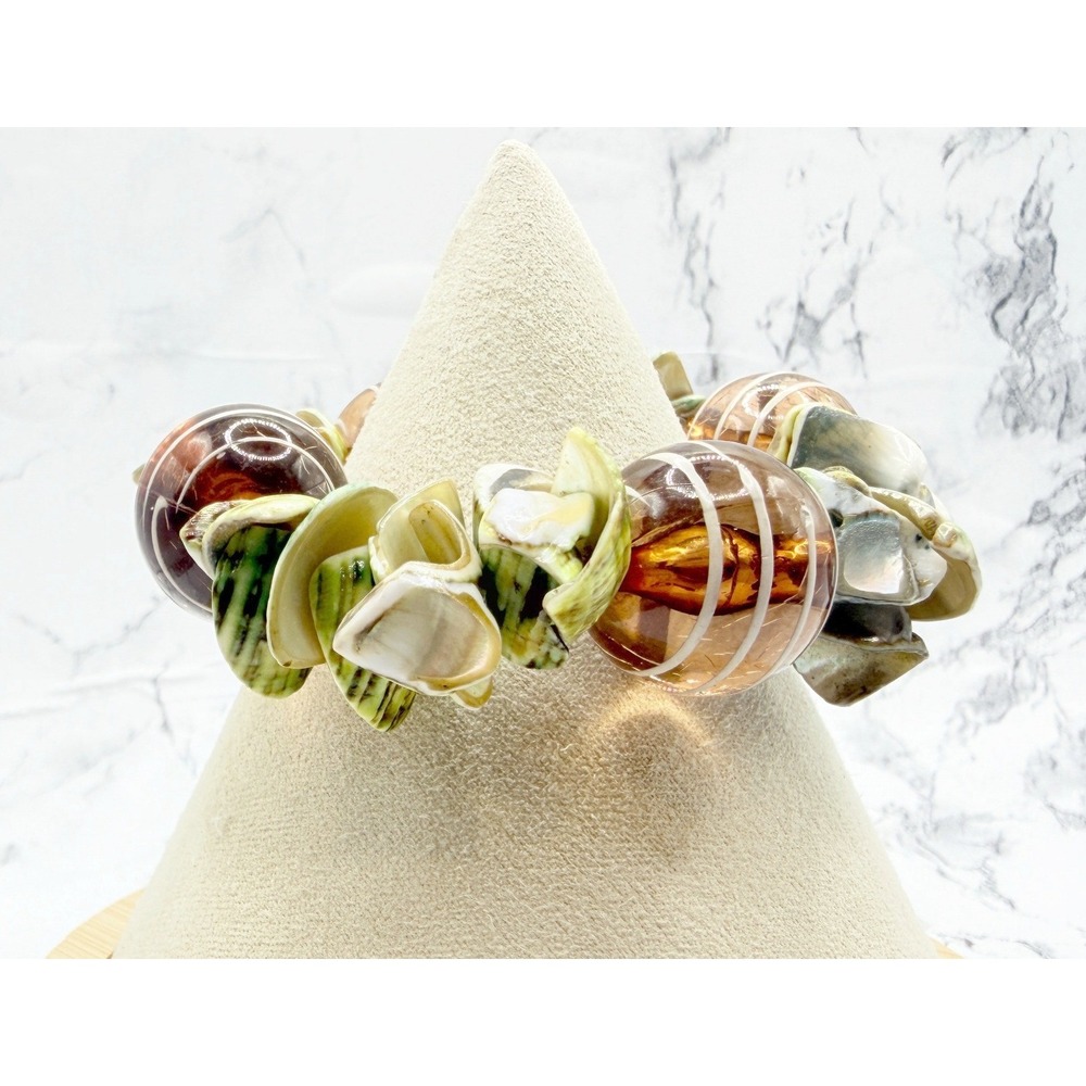 Petite 5" Stretch Bracelet Oversized Green Brown Striped Glass Beads 17mm